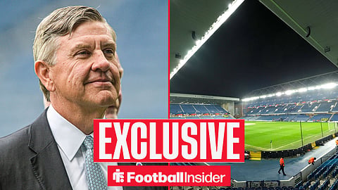 Football Insider exclusive as Rangers owner Andrew Cavenagh stares across a split image towards Ibrox stadium.