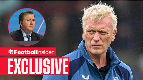 Football Insider exclusive as Everton manager David Moyes stares concernedly towards owner Dan Friedkin, who watches from a circular inset.