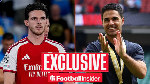 Football Insider exclusive as Arsenal midfielder Declan Rice stares across a split image towards manager Mikel Arteta, who smiles and applauds.