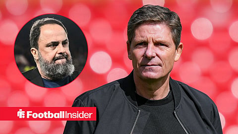 Oliver Glasner at the City Ground, with Evangelos Marinakis in a circular inset