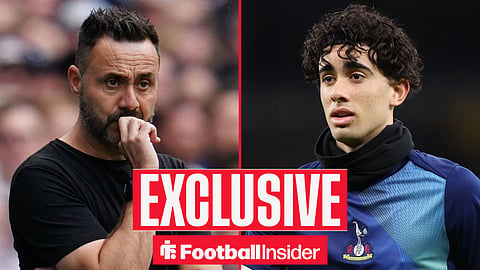 Football Insider exclusive as Tottenham manager Roberto De Zerbi stares across a split image towards Luca Williams-Barnett.