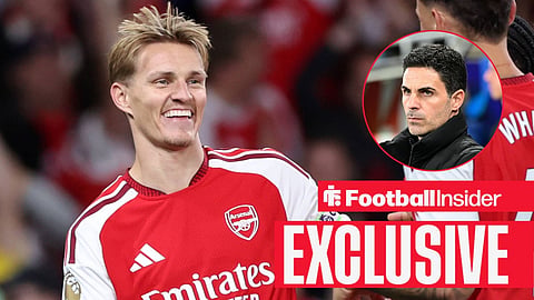 Football Insider exclusive as Arsenal midfielder Martin Odegaard smiles towards manager Mikel Arteta, who watches from a circular inset.