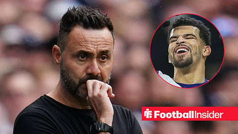 Roberto De Zerbi on the sidelines at Tottenham, with Dominic Solanke in a circular inset