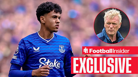 Football Insider exclusive as Everton defender Adam Aznou is in action, while manager David Moyes watches from a circular inset.