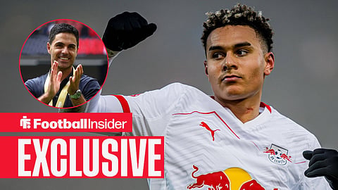 Football Insider exclusive as Antonio Nusa is in action for RB Leipzig, while Arsenal manager Mikel Arteta applauds in a circular inset.