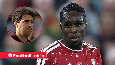 Jeremie Frimpong in action for Liverpool, with Andoni Iraola in a circular inset