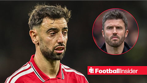 Bruno Fernandes in action for Man United, with Michael Carrick in a circular inset