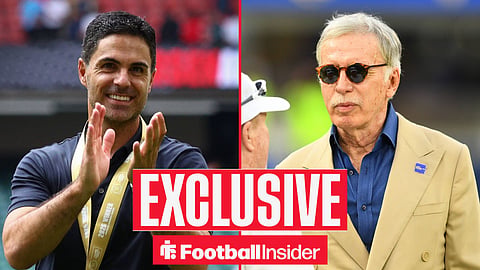 Football Insider exclusive as Arsenal manager Mikel Arteta applauds, while owner Stan Kroenke watches from a circular inset.