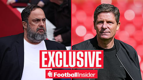 Football Insider exclusive as Nottingham Forest owner Evangelos Marinakis stares across a split image towards manager Oliver Glasner.