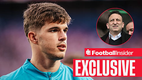 Football Insider exclusive as Brighton defender Luka Vuskovic stares towards owner Tony Bloom, who watches from a circular inset.