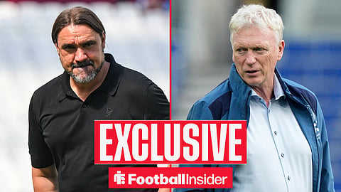 Football Insider exclusive as Leeds manager Daniel Farke stares across a split image towards Everton boss David Moyes.