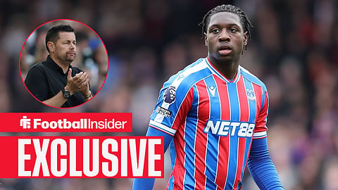 Football Insider exclusive as Crystal Palace defender Jaydee Canvot stares towards manager Pierre Sage, who applauds in a circular inset.
