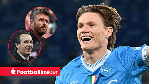 Scott McTominay celebrating a goal for Napoli, with Michael Carrick and Unai Emery in circular insets