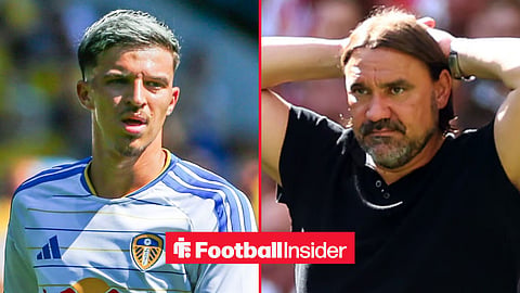 Tarik Muharemovic in action for Leeds United, with Daniel Farke on the sidelines