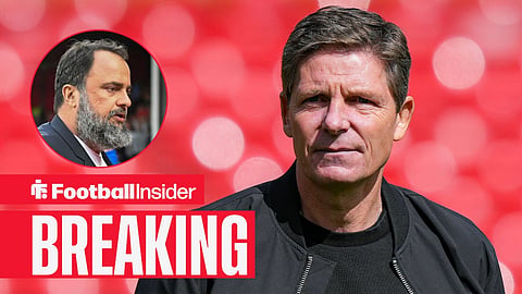 Oliver Glasner on the sidelines at Nottingham Forest, with Evangelos Marinakis in a circular inset