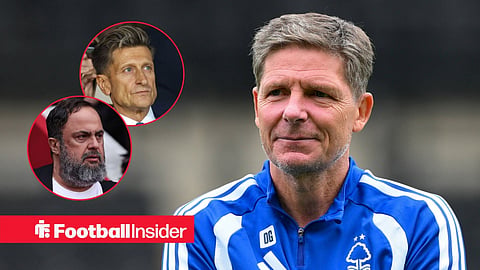 Oliver Glasner on the sidelines at Nottingham Forest, with Steve Parish and Evangelos Marinakis in circular insets