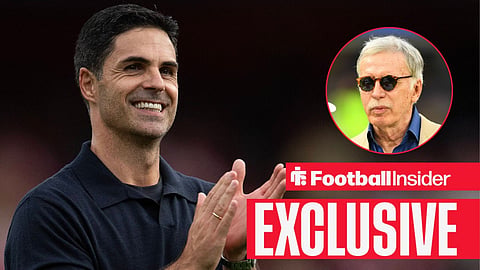 Football Insider exclusive as Arsenal manager Mikel Arteta applauds, while owner Stan Kroenke watches from a circular inset.