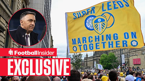 Football Insider exclusive as Leeds fans parade in the street, while chairman Paraag Marathe watches from a circular inset.