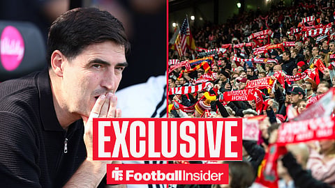 Football Insider exclusive as Liverpool manager Andoni Iraola covers his mouth with his hands while staring across a split image towards the fans.