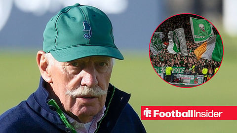 Dermot Desmond during a round of golf, with Celtic fans in a circular inset