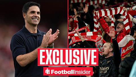 Football Insider exclusive as Arsenal manager Mikel Arteta applauds, while the fans hold scarves aloft on the other side of a split image.