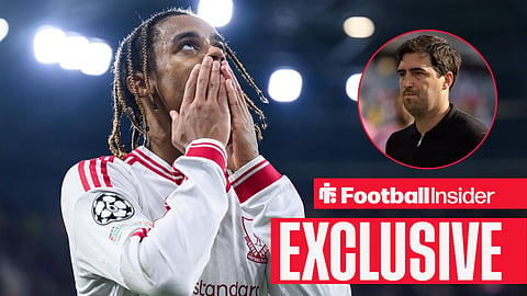 Football Insider exclusive as Liverpool winger Bradley Barcola has his hands over his mouth, while manager Andoni Iraola watches from a circular inset.