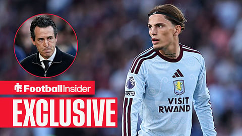 Football Insider exclusive as Alejandro Garnacho is in action for Aston Villa, while manager Unai Emery watches from a circular inset.