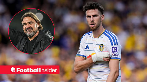 Leeds midfielder Anton Stach in action, while manager Daniel Farke smiles in a circular inset.
