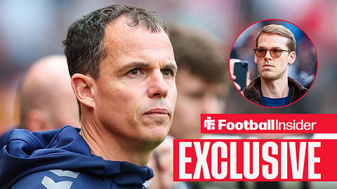 Football Insider exclusive as Sunderland manager Regis Le Bris stares towards owner Kyril Louis-Dreyfus, who watches from a circular inset.