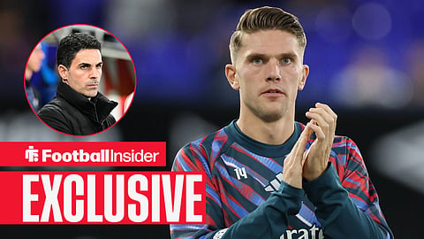 Football Insider exclusive as Arsenal striker Viktor Gyokeres applauds, while manager Mikel Arteta watches from a circular inset.