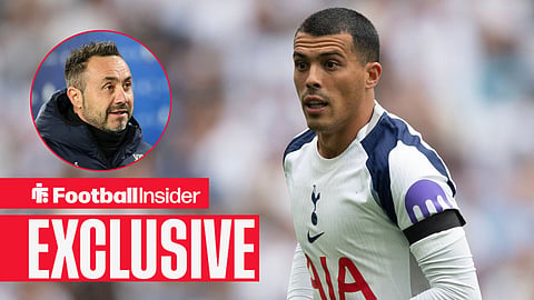 Football Insider exclusive as Tottenham defender Pedro Porro is in action, while manager Roberto De Zerbi watches from a circular inset.