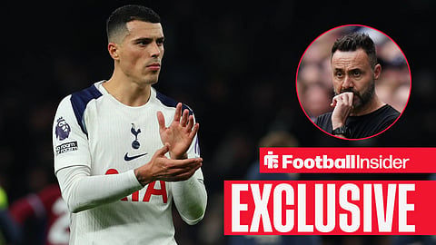 Football Insider exclusive as Tottenham defender Pedro Porro applauds, while manager Roberto De Zerbi looks concerned in a circular inset.