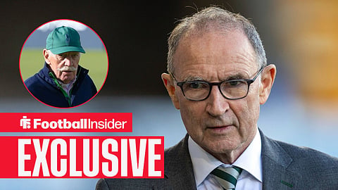 Football Insider exclusive as Celtic manager Martin O'Neill stares towards owner Dermot Desmond, who watches from a circular inset.