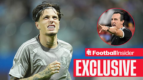 Football Insider exclusive as Alejandro Garnacho warms up for Aston Villa, while manager Unai Emery points in a circular inset.
