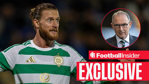 Football Insider exclusive as Celtic striker Kaspr Hogh stares towards manager Martin O'Neill, who watches from a circular inset.