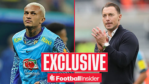 Football Insider exclusive as Roma defender Wesley stares across a split image towards Newcastle manager Matthias Jaissle, who applauds.