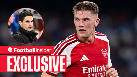 Football Insider exclusive as Arsenal striker Viktor Gyokeres glances towards manager Mikel Arteta, who looks stern in a circular inset.