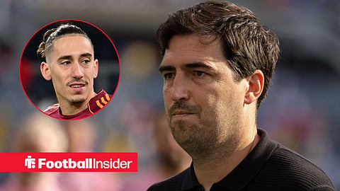 Andoni Iraola on pitch with Kostas Tsimikas in action left inset