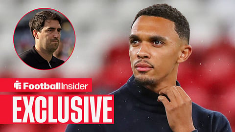 Trent Alexander-Arnold before a game on pitch with Andoni Iraola left inset