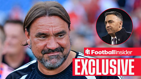 Football Insider exclusive as Leeds manager Daniel Farke glances towards chairman Paraag Marathe, who watches from a circular inset.