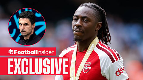 Football Insider exclusive as Arsenal midfielder Eberechi Eze stares towards manager Mikel Arteta, who watches from a circular inset.