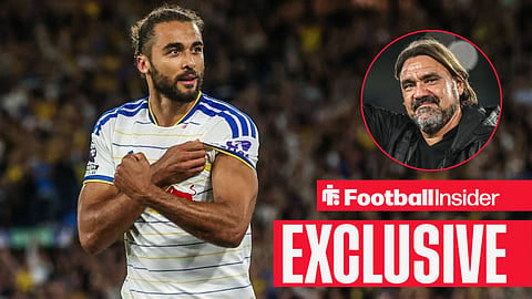 Football Insider exclusive as Leeds striker Dominic Calvert-Lewin celebrates a goal, while manager Daniel Farke watches from a circular inset.