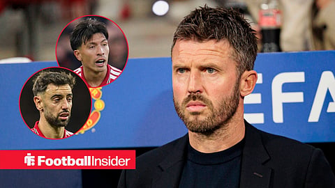 Michael Carrick on the sidelines at Man United, with Bruno Fernandes and Lisandro Martinez in circular insets