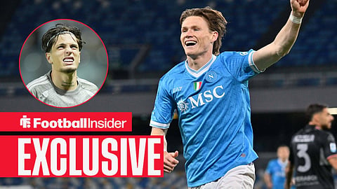 Football Insider exclusive as Scott McTominay celebrates a goal, while Aston Villa winger Alejandro Garnaco watches from a circular inset.