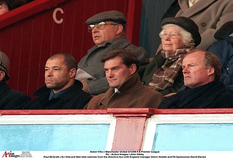 Aston Villa v Manchester United 5/12/98 F.A Premier League
Pic : Action Images / John Sibley
Paul McGrath ( Ex Villa and Manchester United) watches from the directors box with England manager Glenn Hoddle and FA Spokesman David Davies
