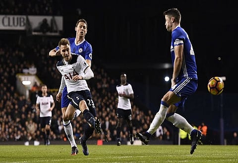 Britain Football Soccer - Tottenham Hotspur v Chelsea - Premier League - White Hart Lane - 4/1/17 Tottenham's Christian Eriksen shoots at goal Reuters / Dylan Martinez Livepic EDITORIAL USE ONLY. No use with unauthorized audio, video, data, fixture lists, club/league logos or "live" services. Online in-match use limited to 45 images, no video emulation. No use in betting, games or single club/league/player publications. Please contact your account representative for further details.