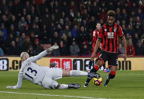 Britain Football Soccer - AFC Bournemouth v Manchester City - Premier League - Vitality Stadium - 13/2/17 Manchester City's Willy Caballero saves from Bournemouth's Jordon Ibe Action Images via Reuters / Matthew Childs Livepic EDITORIAL USE ONLY. No use with unauthorized audio, video, data, fixture lists, club/league logos or "live" services. Online in-match use limited to 45 images, no video emulation. No use in betting, games or single club/league/player publications. Please contact your account representative for further details.