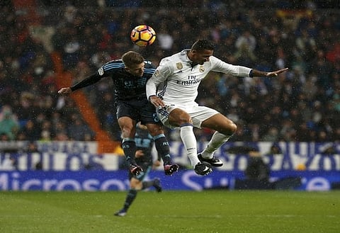Football Soccer - Real Madrid v Real Sociedad - Spanish Liga Santander - Santiago Bernabeu, Madrid, Spain - 29/01/17 Real Sociedad's Kevin Rodrigues (L) and Real Madrid's Danilo in action. REUTERS/Susana Vera