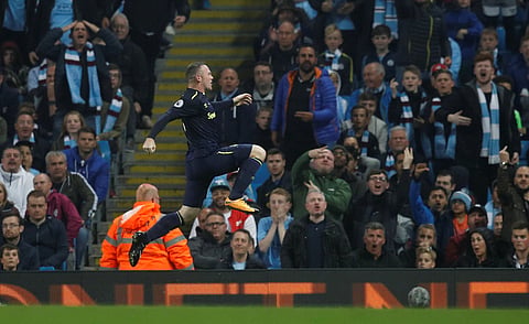 Soccer Football - Premier League - Manchester City vs Everton - Manchester, Britain - August 21, 2017 Everton's Wayne Rooney celebrates scoring their first goal REUTERS/Phil Noble EDITORIAL USE ONLY. No use with unauthorized audio, video, data, fixture lists, club/league logos or "live" services. Online in-match use limited to 45 images, no video emulation. No use in betting, games or single club/league/player publications. Please contact your account representative for further details.