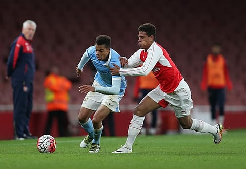 Football Soccer - Arsenal v Manchester City - FA Youth Cup Semi Final Second Leg - Emirates Stadium - 4/4/16
Arsenal's Marcus McGuane and Manchester City's Lukas Nmecha in action
Mandatory Credit: Action Images / Matthew Childs
Livepic
EDITORIAL USE ONLY.